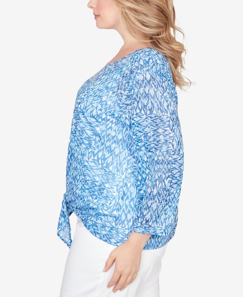 Plus Size Printed Knit Burnout 3/4 Sleeve V-Neck Top