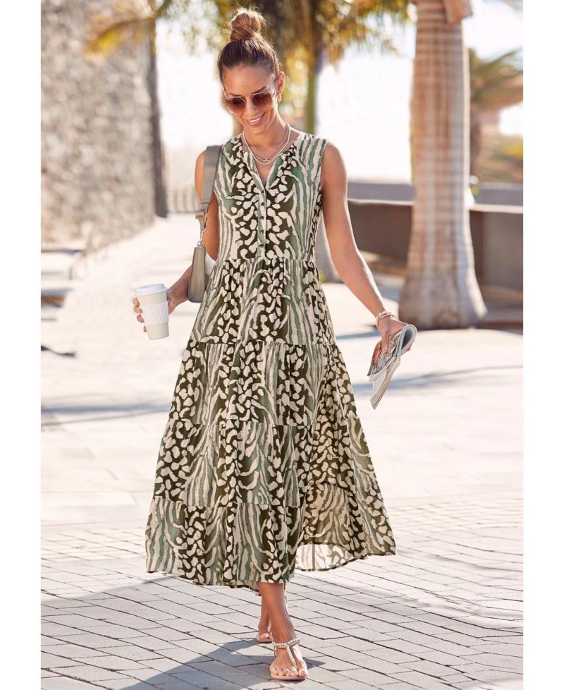 Women's Viscose Animal Print Sleeveless V-Neck Maxi Dress