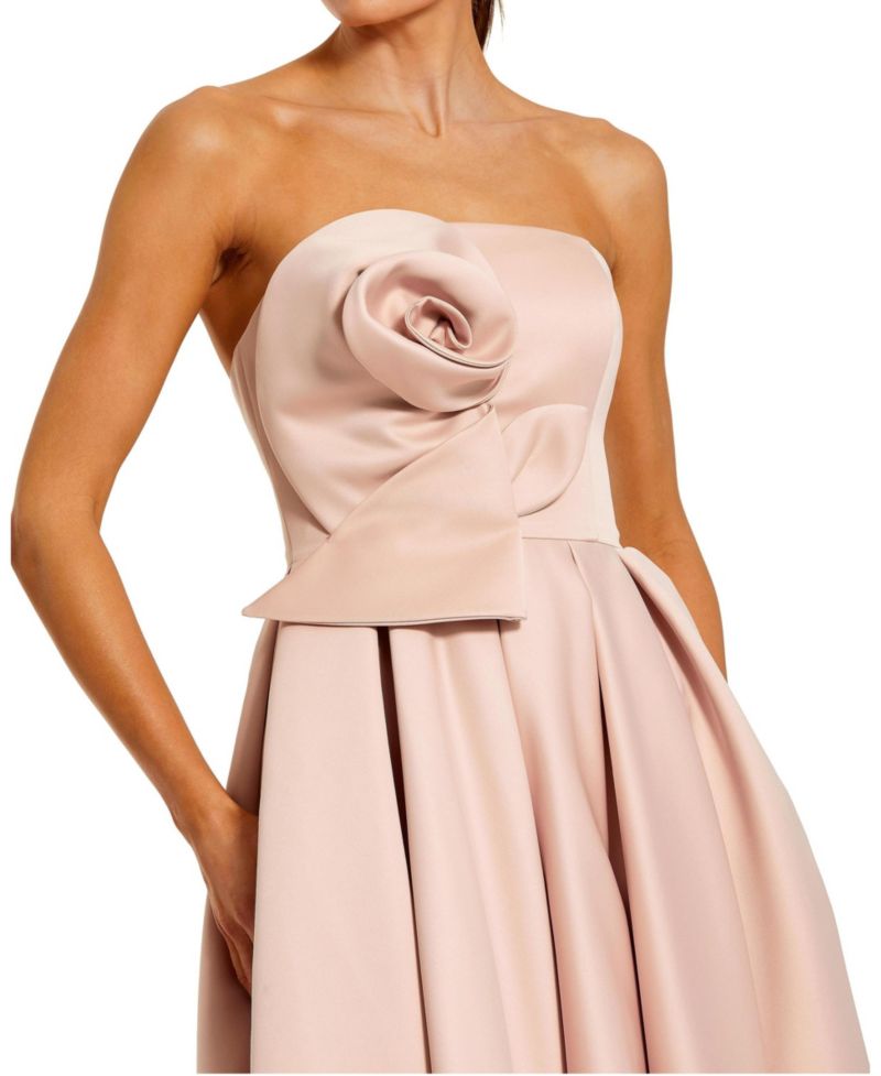 Women's Strapless Satin A Line Midi Dress With 3D Flower