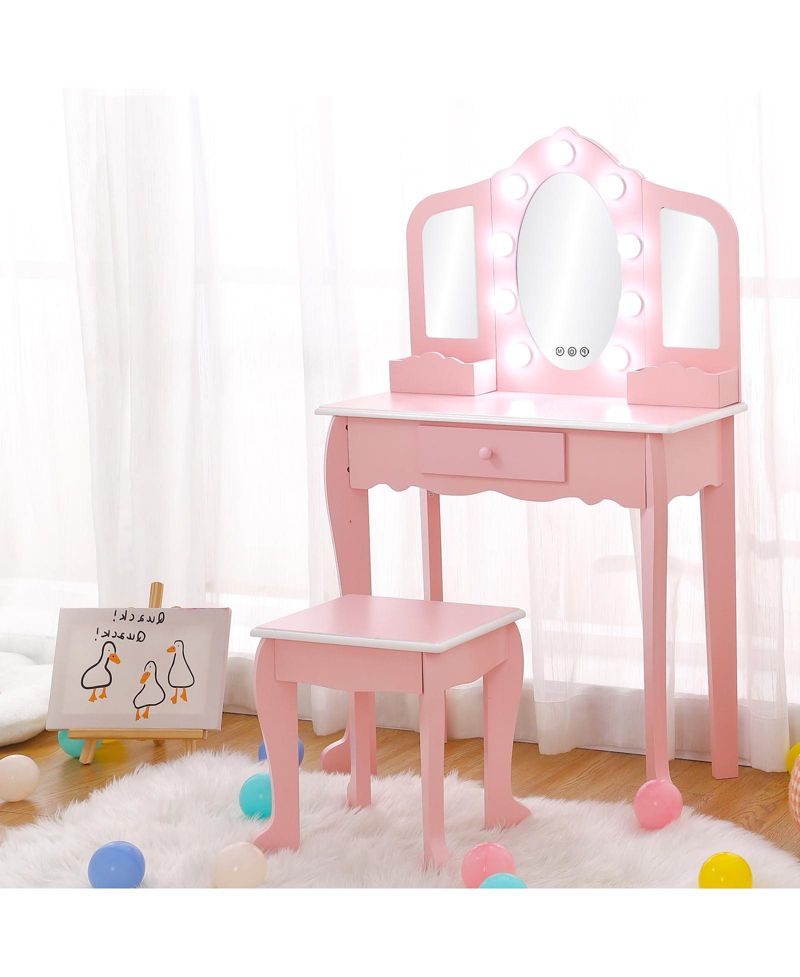 Toddler Vanity Set with 3-Panel Mirror and Stool