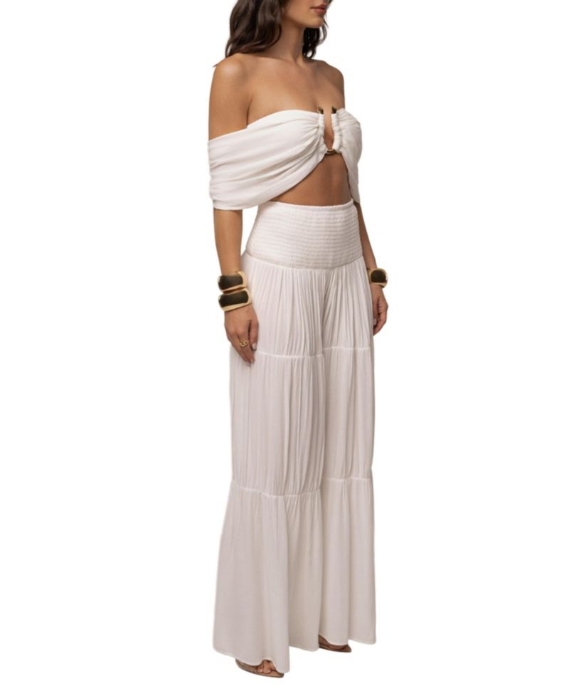 Women's Hidden Gems Tier Off-the-Shoulder Crop High-Waisted Top and Pants, 2-Piece Set