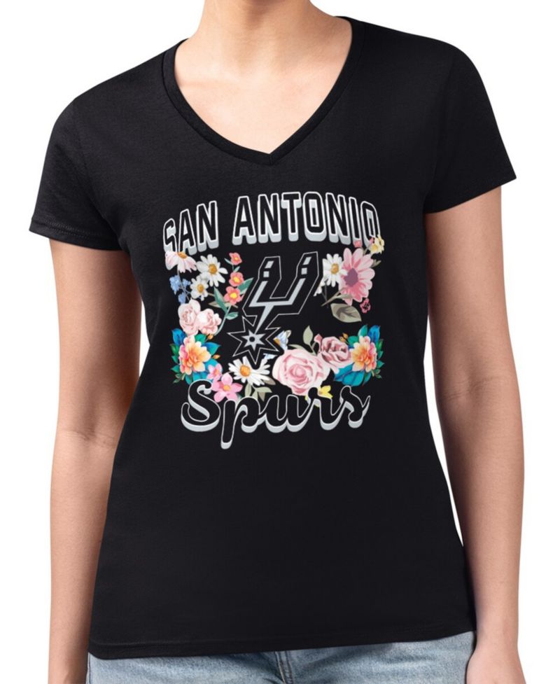 Women's Black San Antonio Spurs Super-Slim Fit Lightweight Flowers Team Logo Graphic V-Neck T-Shirt