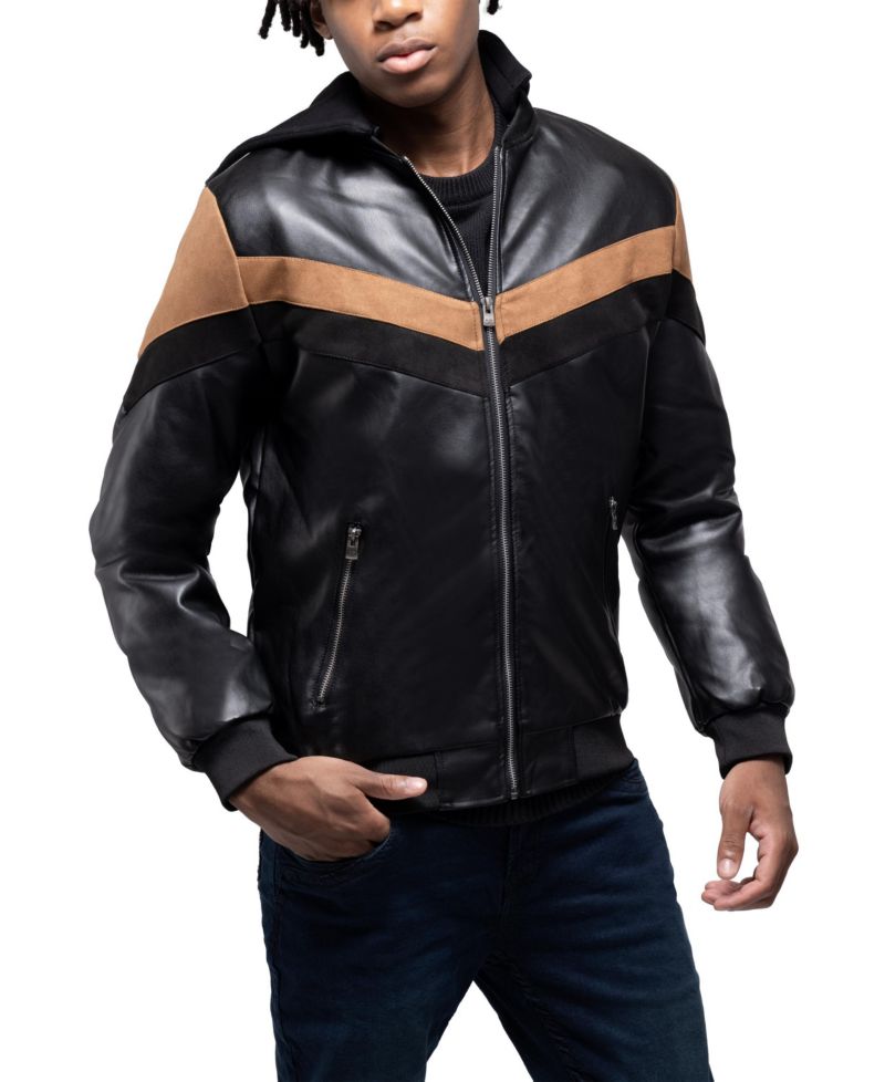XRAY Men's Shiny PU Hooded Jacket With Faux Suede Detailing And Faux Shearling Lining