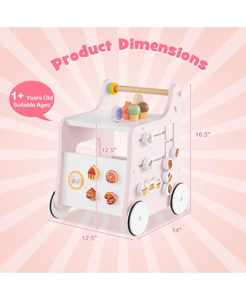 Wooden Baby Walker Ice Cream Cart Toy with Sweet Accessories & Smooth Wheels