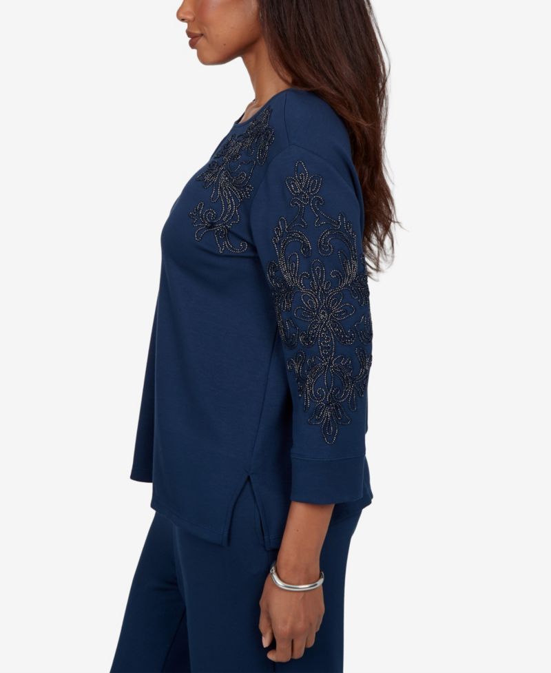 Petite Embellished Keyhole Neck 3/4-Sleeve Top