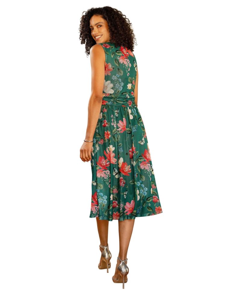 Women's Floral Print Mesh Stretch Midi Dress