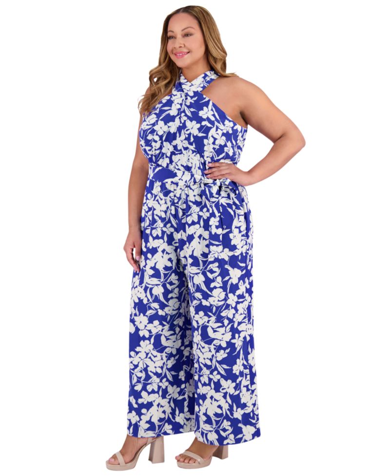 Plus Size Crisscross Halter Belted Jumpsuit