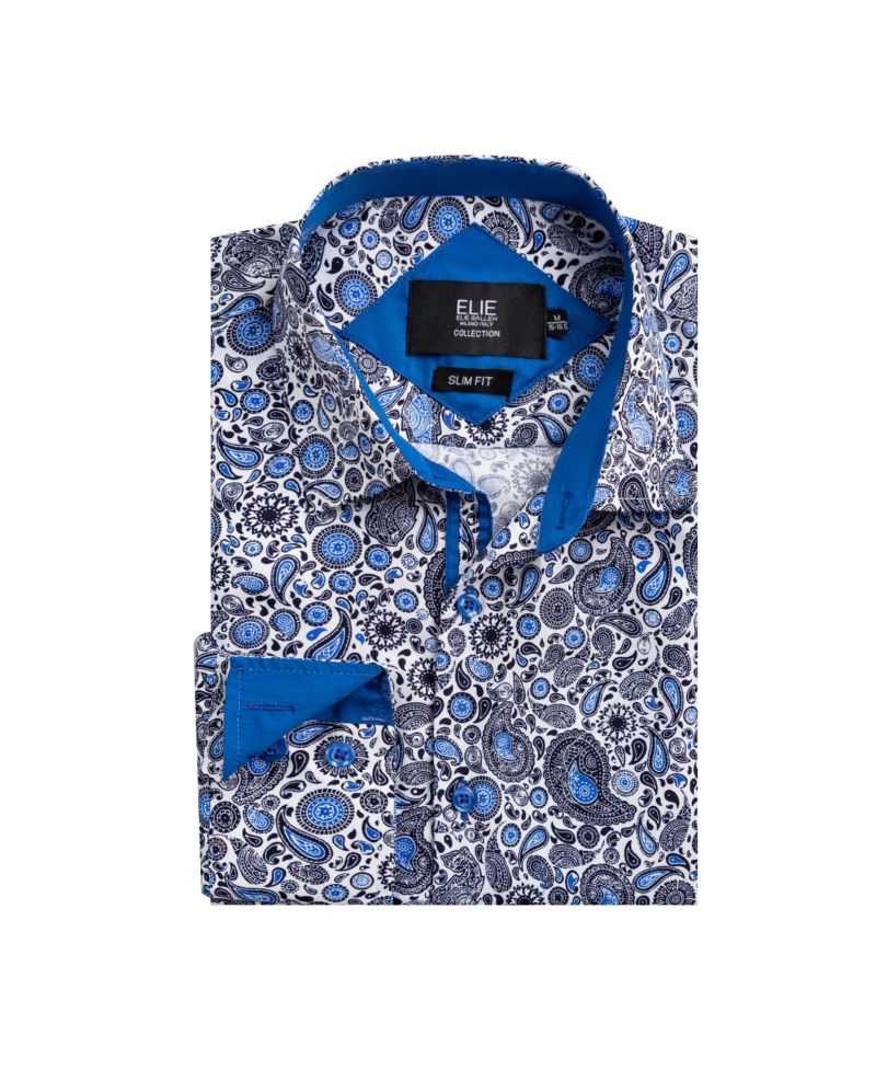Синяя элегантная приталенная рубашка с принтом Пейсли для больших мальчиков