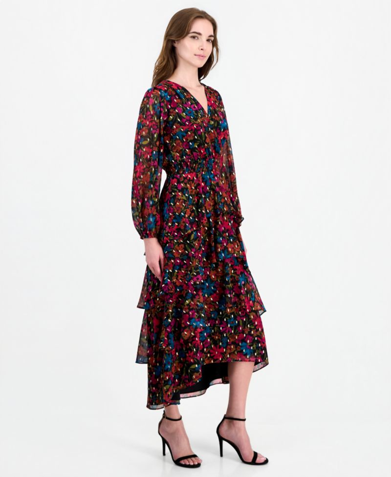 Women's Long-Sleeve V-Neck Asymmetrical Dress