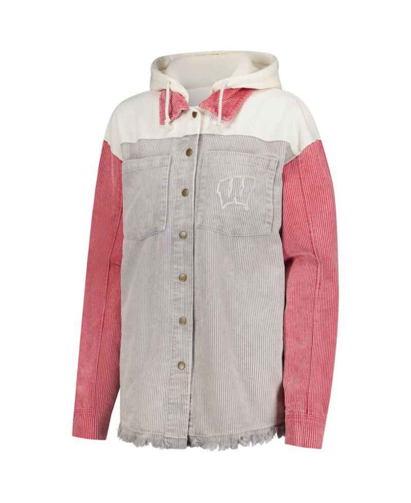 Women's Gray Distressed Wisconsin Badgers Vintage-Like Wash Corduroy Full-Snap Hooded Shacket