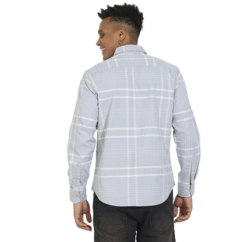 Men's Light Grey Contrast Tartan Plaid Shirt.