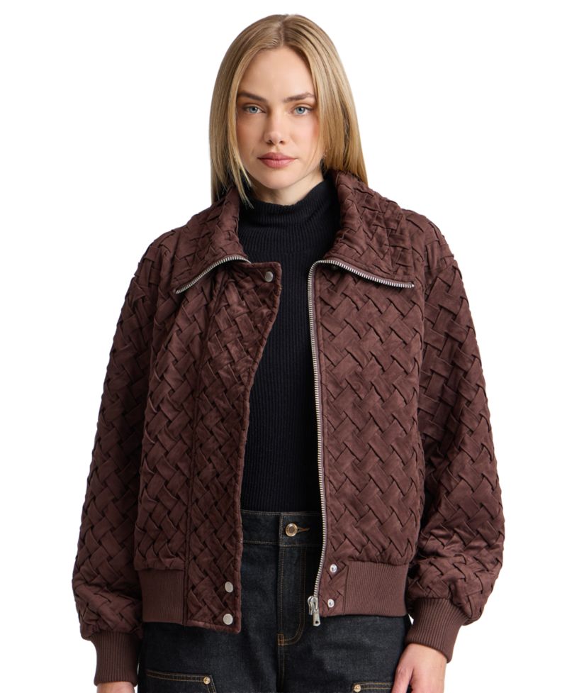 Women's Oversized Basketweave Faux Suede Bomber Coat