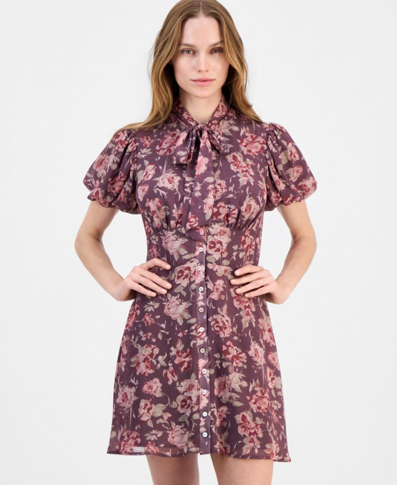 Jonni Puff-Sleeve Floral-Print Tie-Front Mini Dress