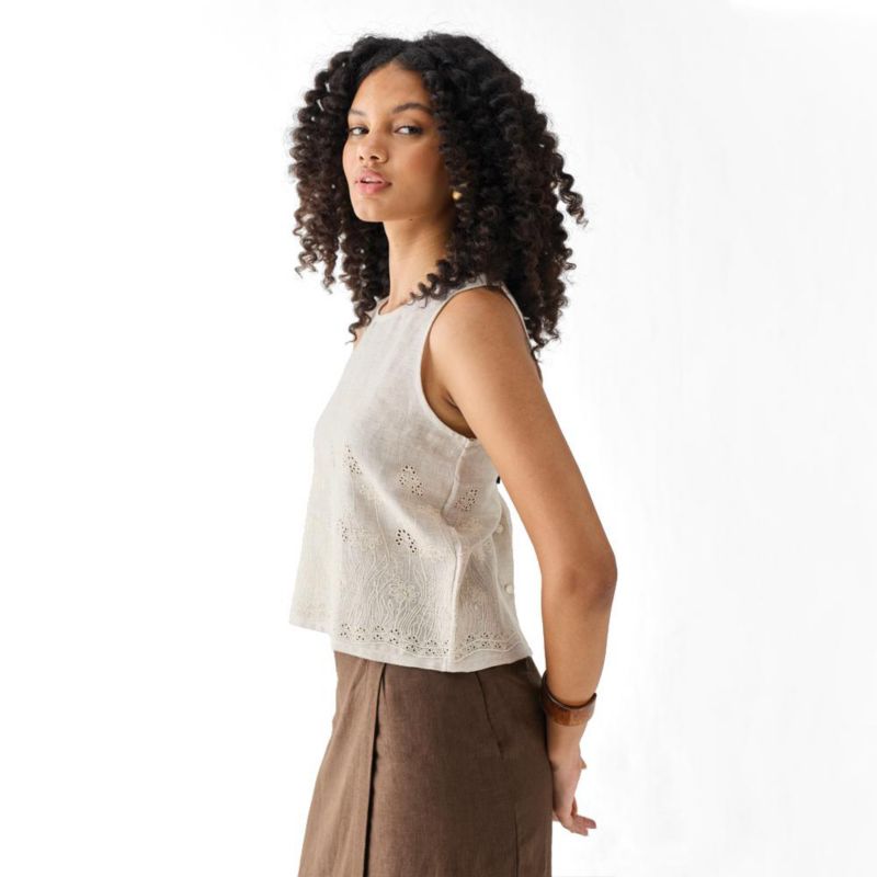 Women's Checkered Linen Embroidered Button-Back Top