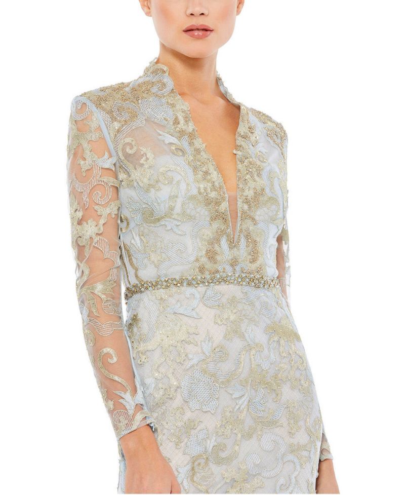 Women's Long Sleeve Applique V-Neck Gown