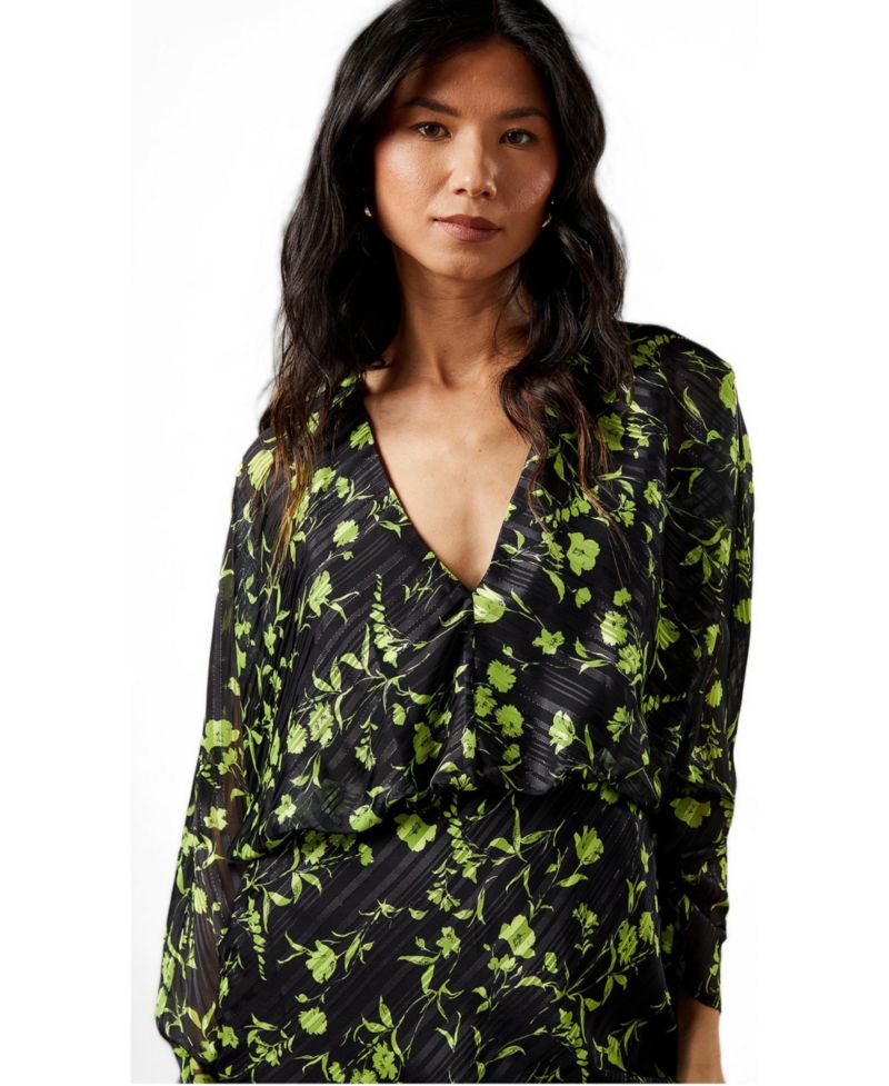 Women's Shadow Stripe Floral Batwing Midi Dress