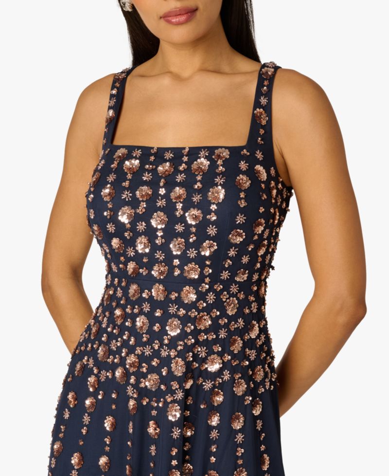 Petite Beaded Square Neck Knee-Length Dress