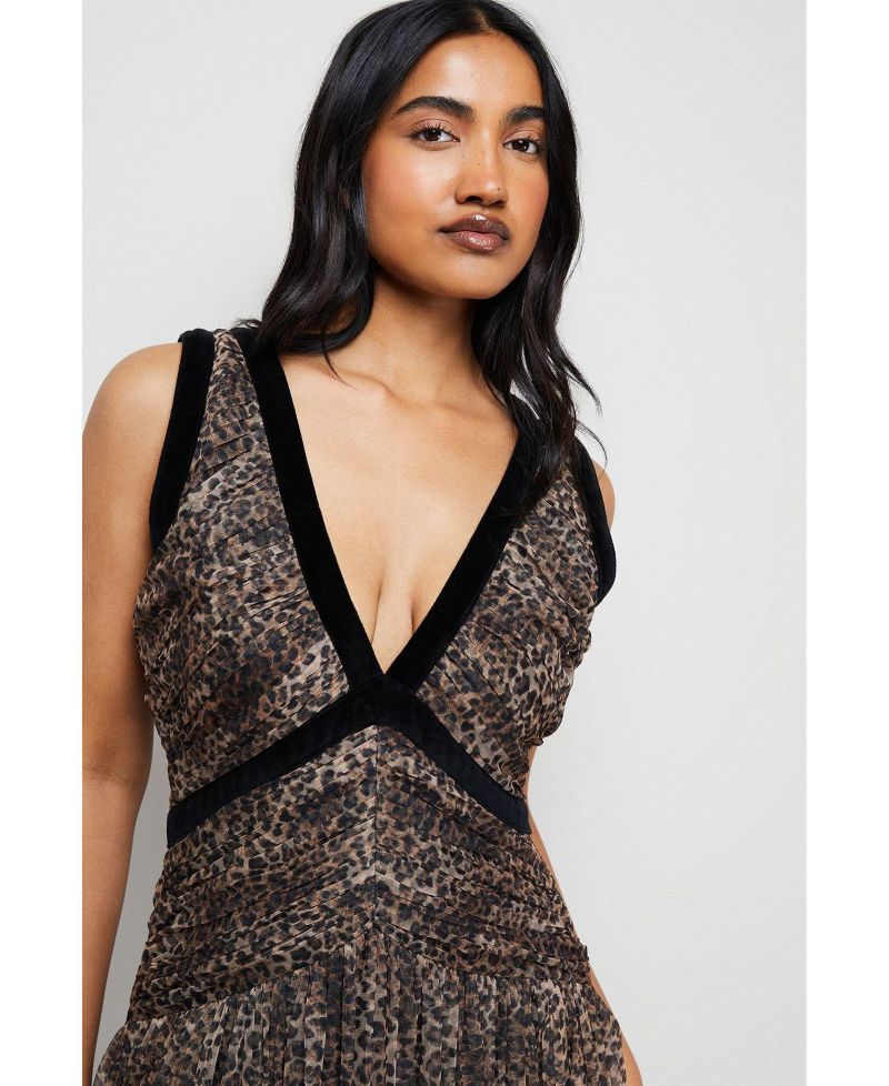 Women's Velvet Trim Leopard Tulle Maxi Dress