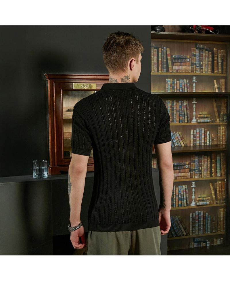 Men's Obsidian Black Stripe-Textured Polo T-Shirt