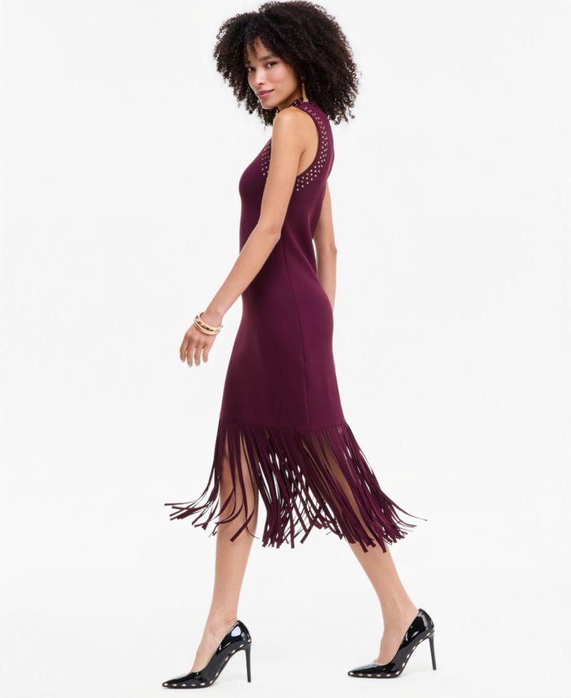 Women's Sleeveless Midi Fringe-Trim Sweater Dress