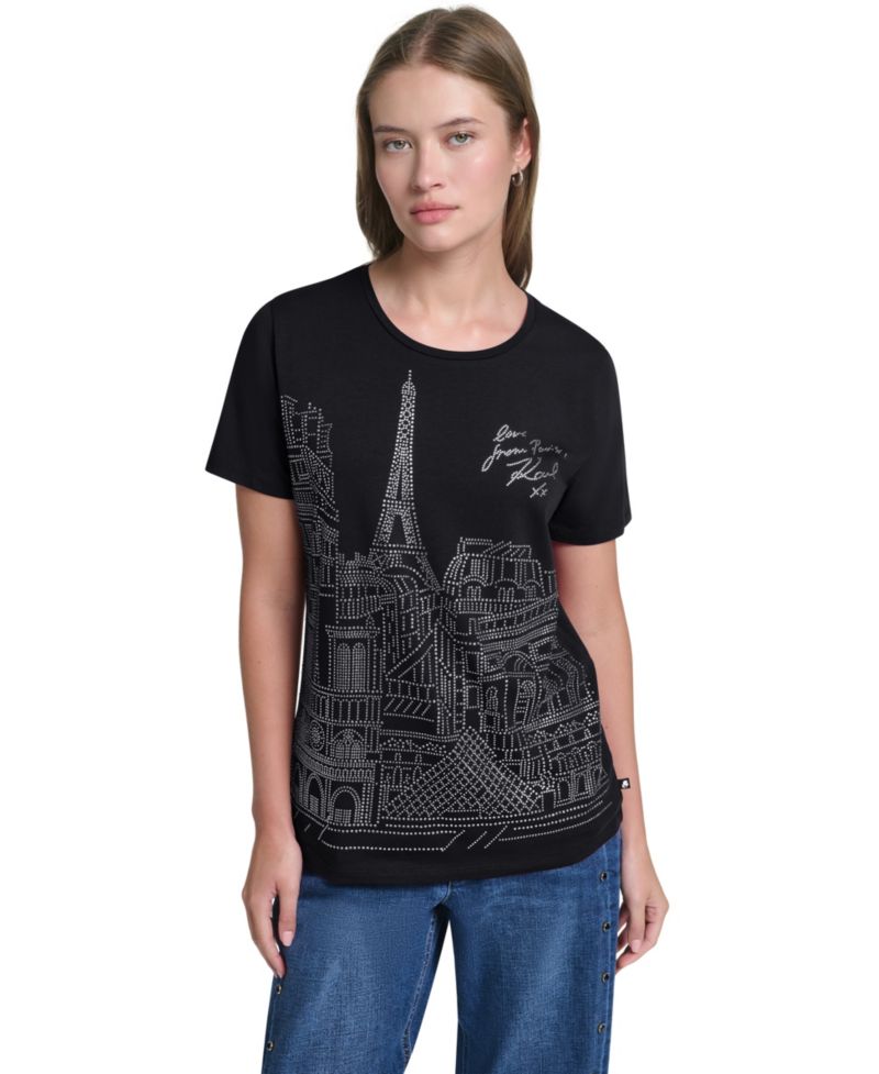 Women's Sparkle Paris Scene Crewneck Short-Sleeve T-Shirt