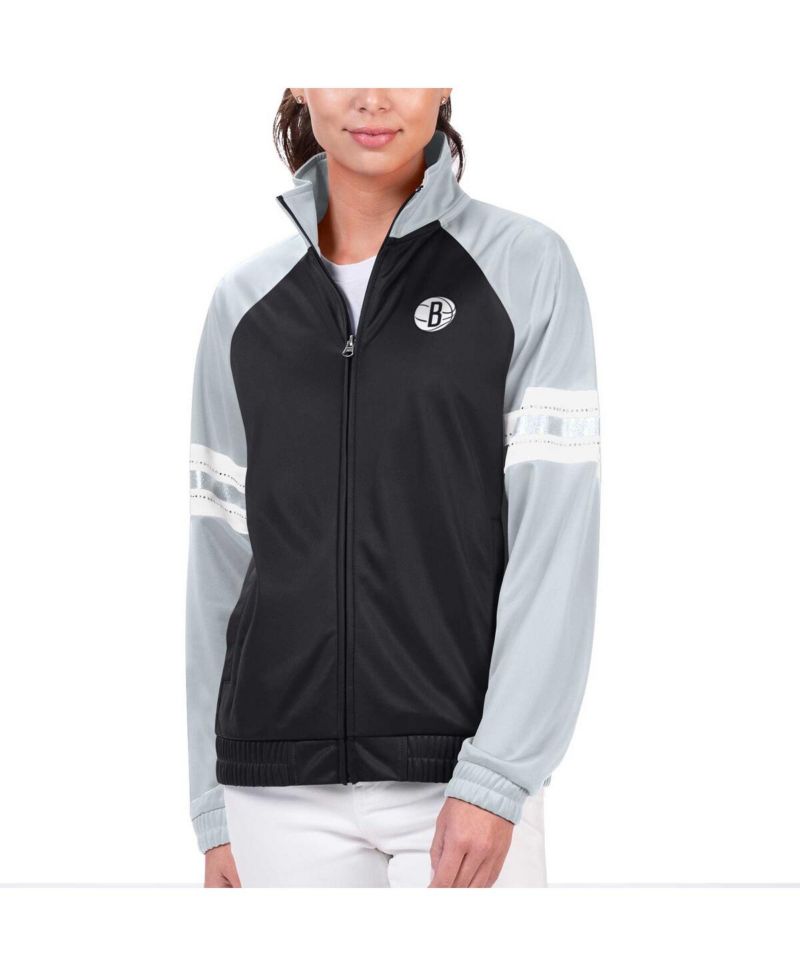 Women's Black Brooklyn Nets Main Player Raglan Rhinestone Full-Zip Track Jacket