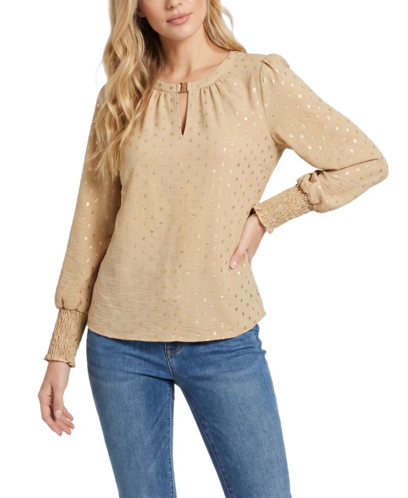 Women's Metallic Dots Smocked Cuffs V-Neck Blouse