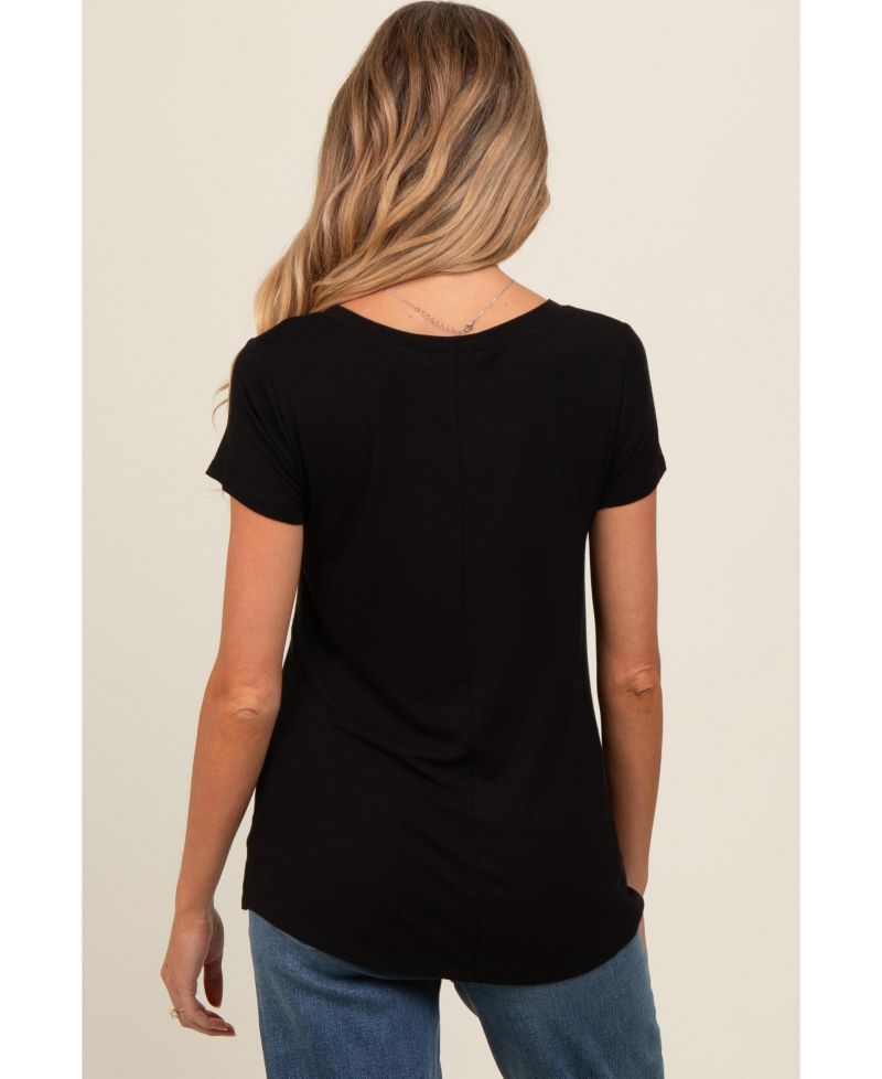 Women's Black Basic V-Neck Short Sleeve Top