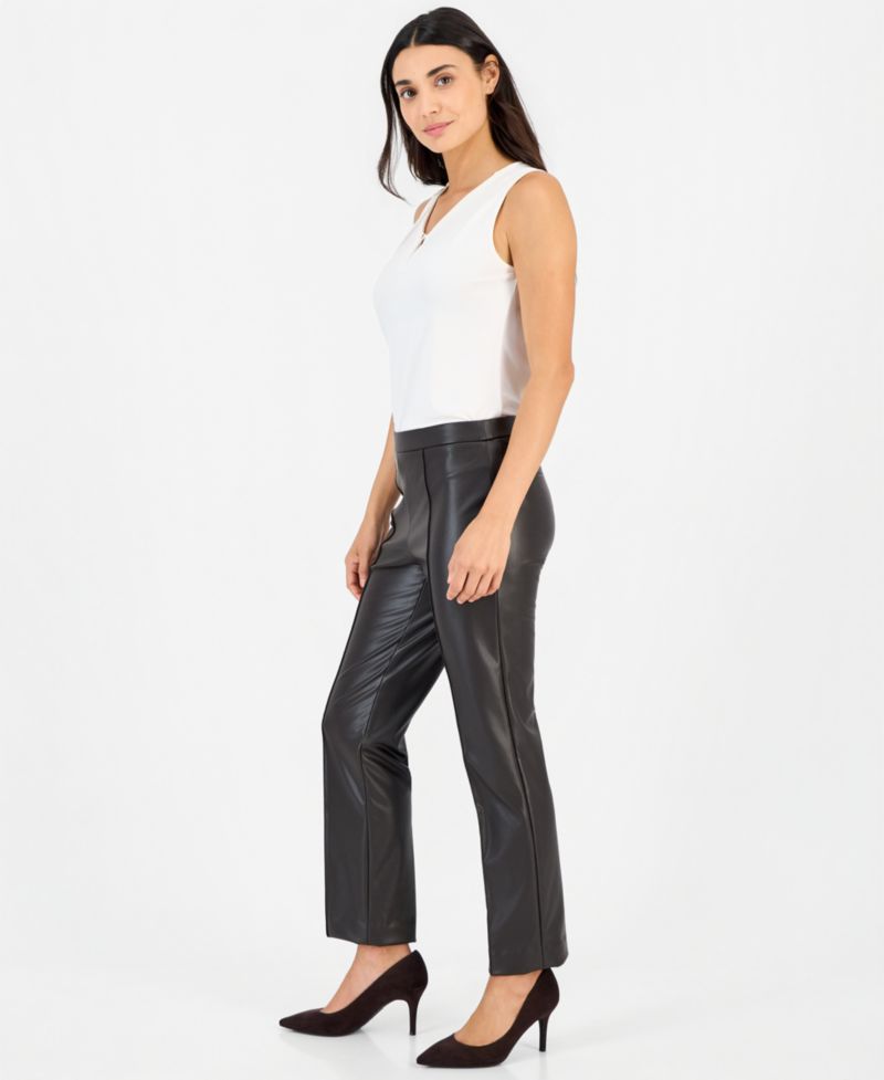 Petite Faux Leather Pull-On Pintuck Pants