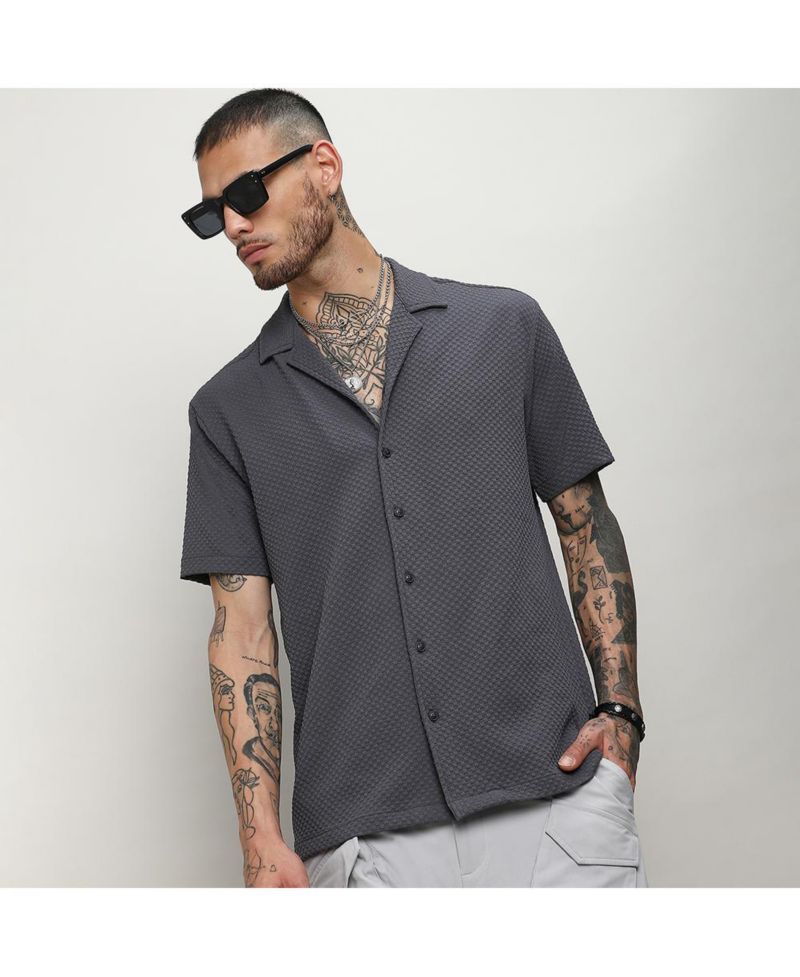 Men's Charcoal Grey Self-Design Block Shirt
