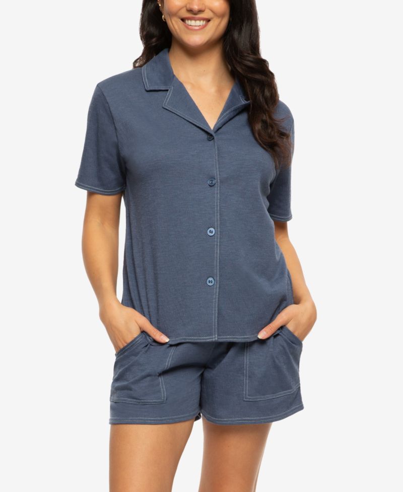 Women's Josephine Notched Collared Shirt and Shorts Pajama Set Style 900871