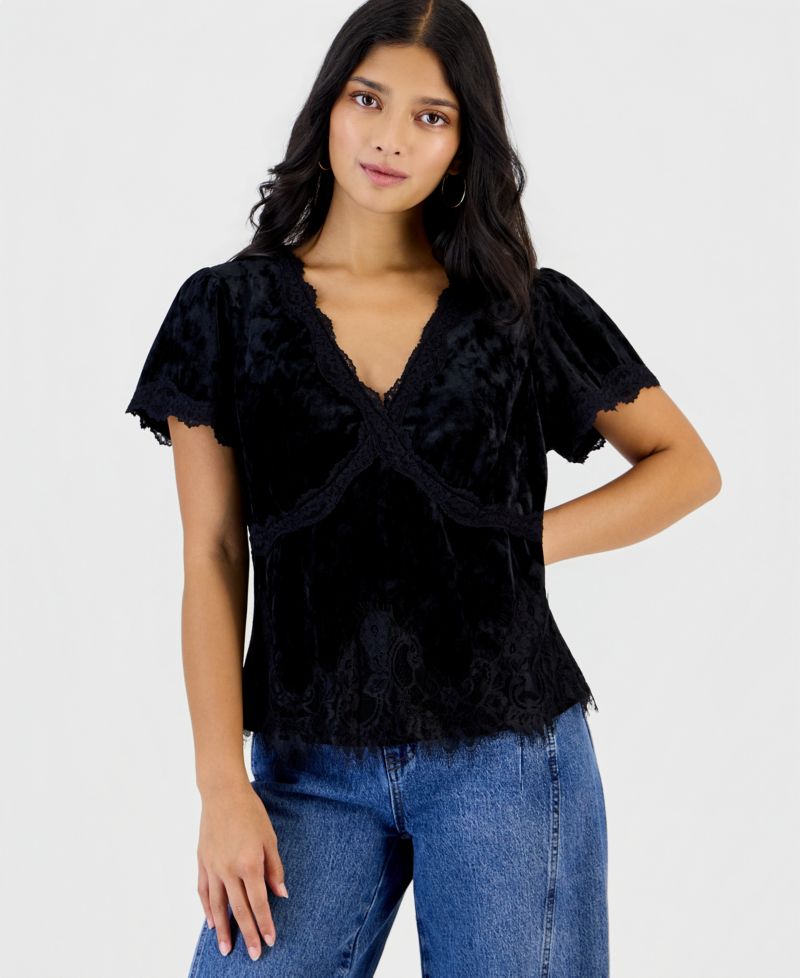 Petite Velvet Lace-Trim V-Neck Short-Sleeve Blouse