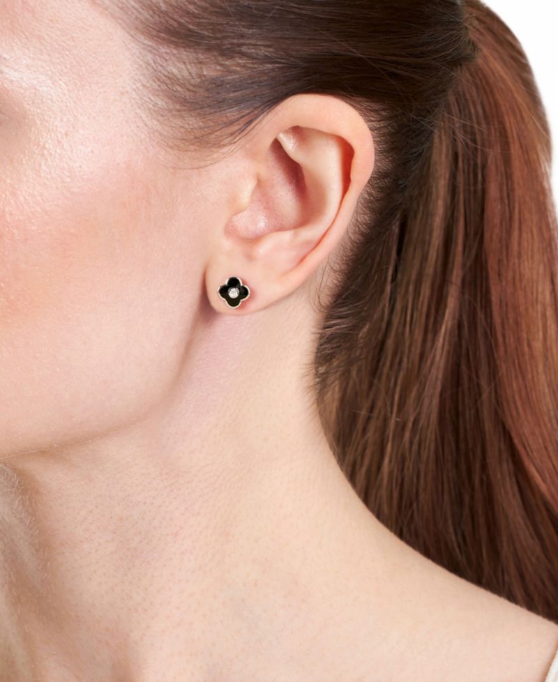 Sterling Silver Black Enamel Clover with Cubic Zirconia Stud Earrings