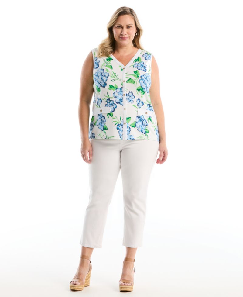 Plus Size Pom Floral Print Button-Front Sleeveless Tank Top