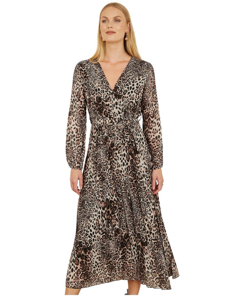 Women's Leopard Print Long Sleeve Midi Dress