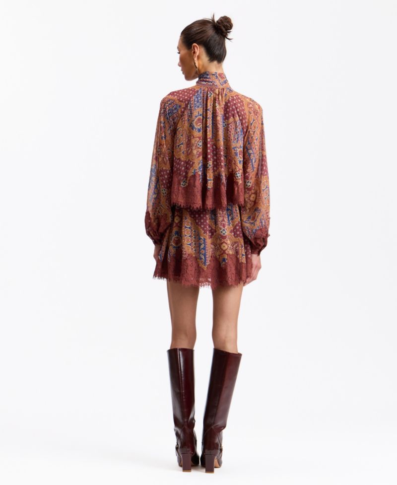 Women's Tie-Neck Long-Sleeve Tiered Mini Dress