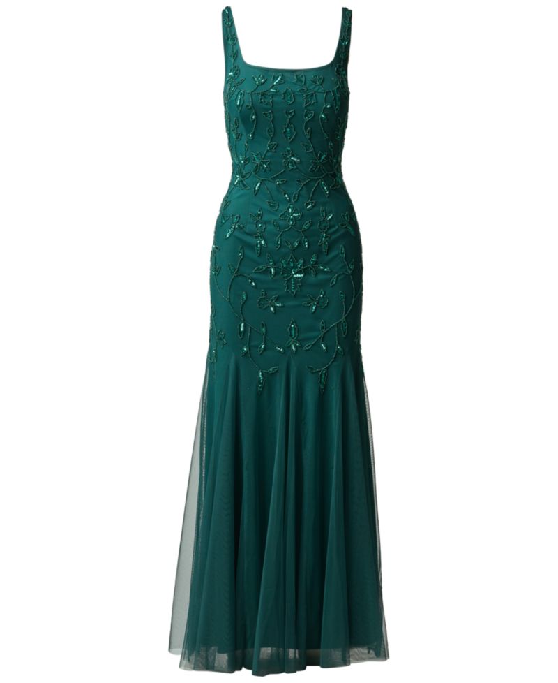 Women's Beaded-Mesh Square Neck Long Dress
