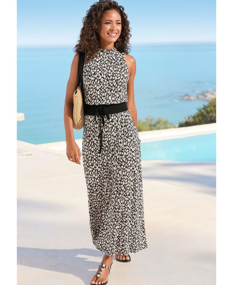Women's Viscose Printed High Neck Ruffle-Trim A-Line Maxi Dress
