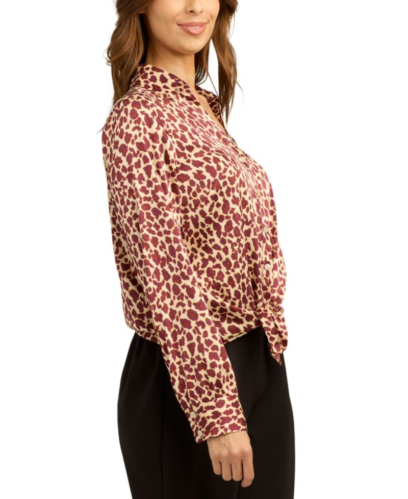 Juniors' Printed Satin Collared Button-Up Shirt