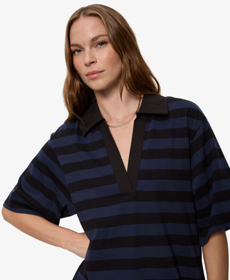 Women's Striped Oversized Spread Collar T-Shirt-Dress