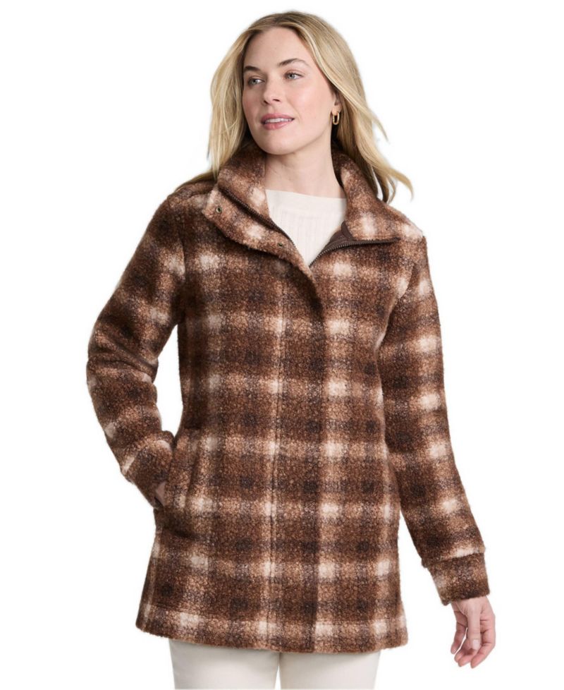 Women's Plaid-Boucle Mid-Length Fleece Coat