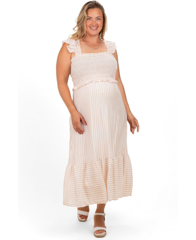 Plus Size Light Khaki Striped Smocked Midi Dress