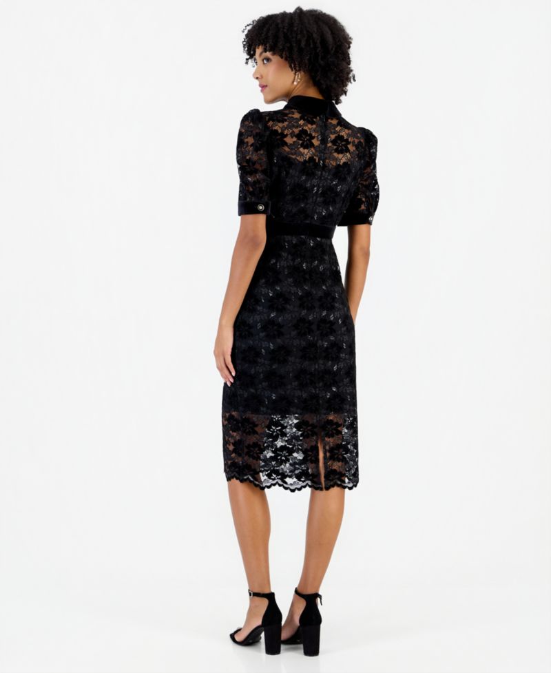 Women's Lace and Velvet Floral Midi Shirt Dress