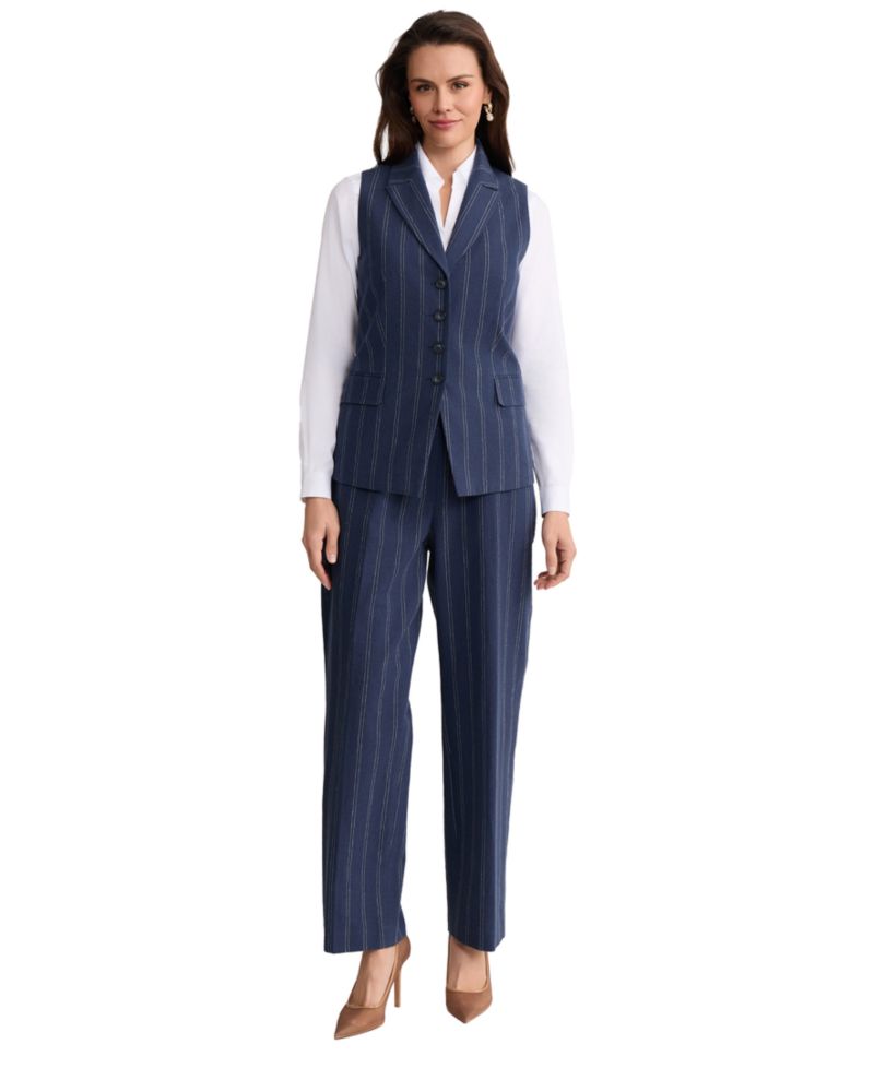 Petite Double Pinstripe Peak Lapel Linen Collar Vest