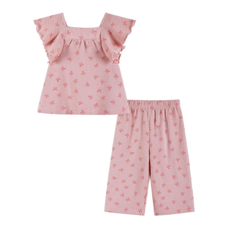 Baby Girls Pink Bow Print Knit Seersucker Top and Pant Set