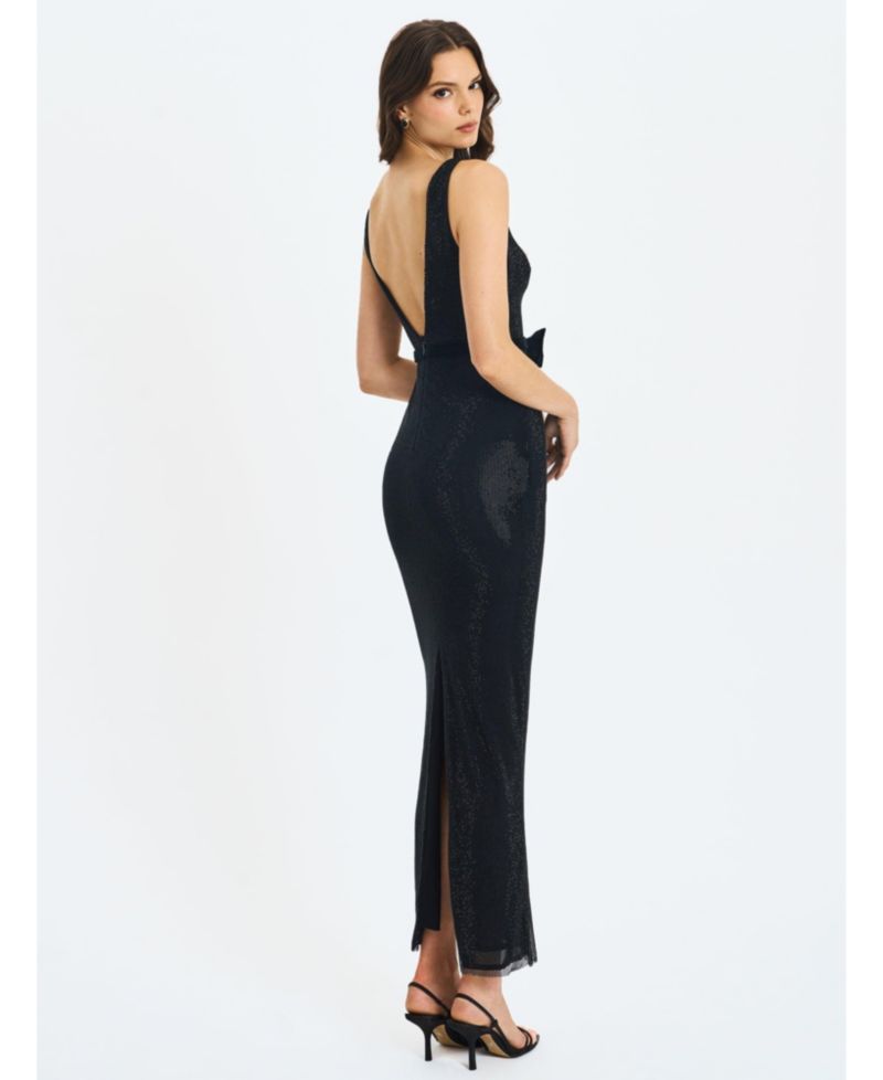 Women Olympia Black Belted Bow Plunging Rhinestone Maxi Dress