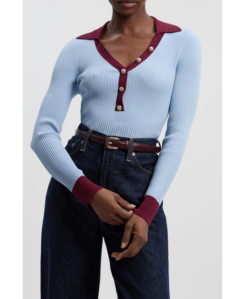 Women's Rib Knit Contrast Hem Collared Top