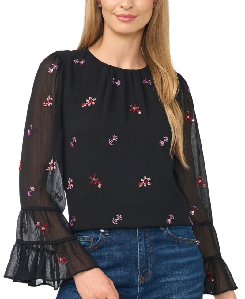 Women's Beaded Long-Sleeve Double Ruffle Cuff with Shirred Neck Blouse