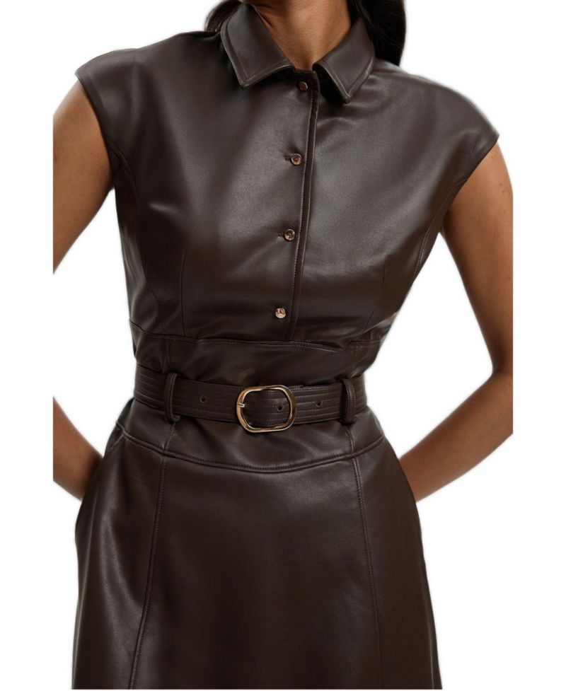 Women's Faux Leather Belted Midi Dress