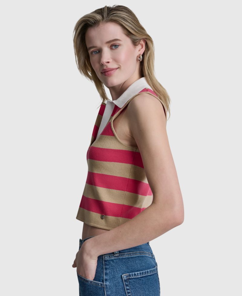 Women's Striped Sleeveless Polo Sweater